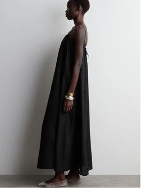 COS Black Maxi Pleated Slip Dress with Spaghetti Straps & back tie. NEW